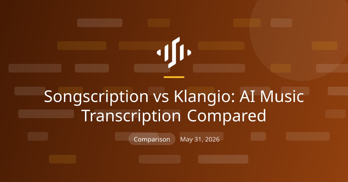 Songscription compared with Klangio for AI music transcription: output quality, instruments, formats, and pricing