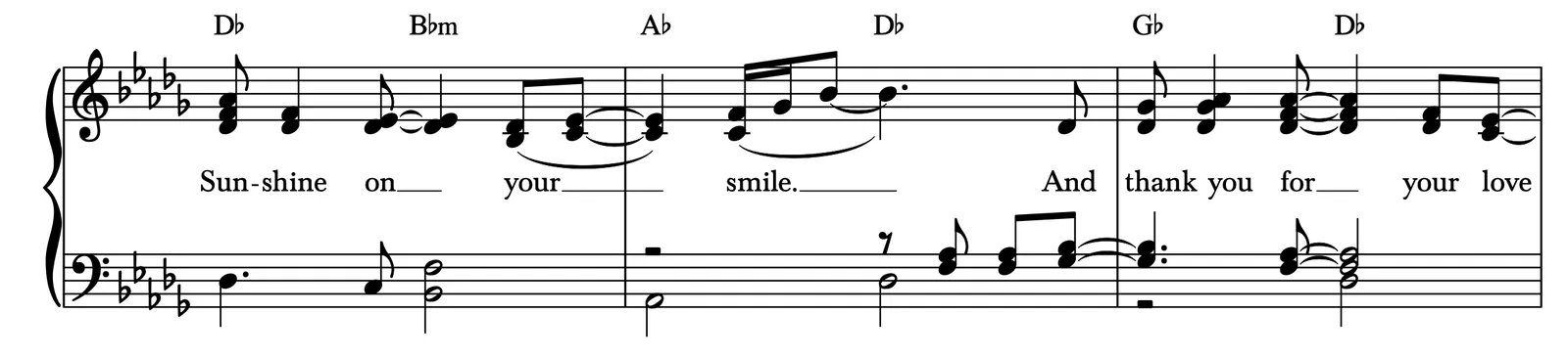 Musical example showing lyric extension lines, hyphens between syllables, and slurs over melismatic notes